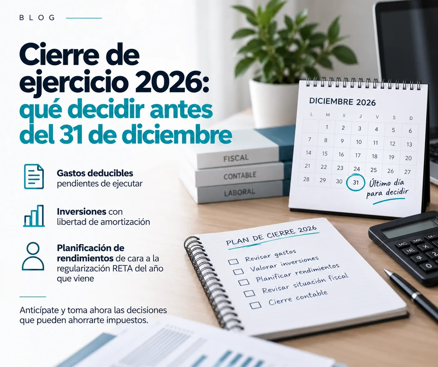 Cierre de ejercicio 2026: qué decidir antes del 31 de diciembre, gastos deducibles, inversiones y planificación de rendimientos
